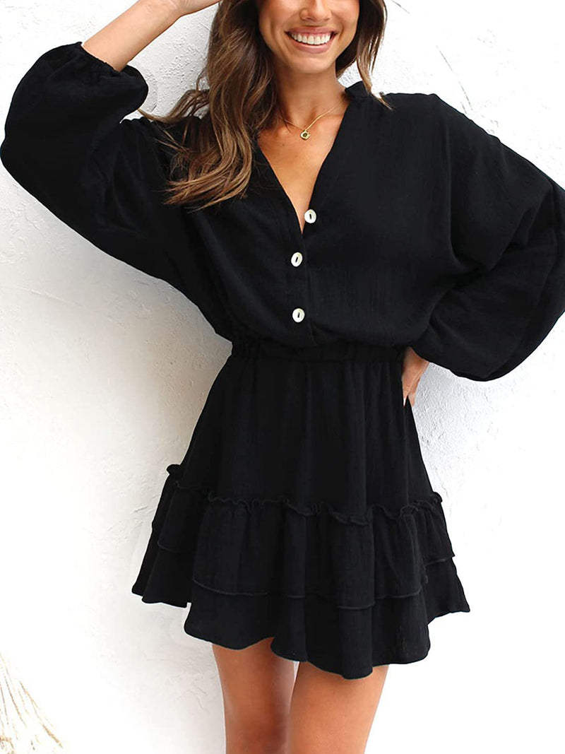 Hazel Blues® |  Ruffled Notched Balloon Sleeve Mini Dress