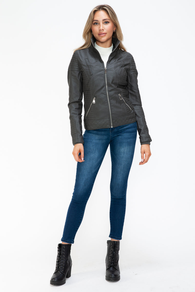 Hazel Blues® |  YMI Faux Layered Double-Zipper Jacket with Fuzzy Hood