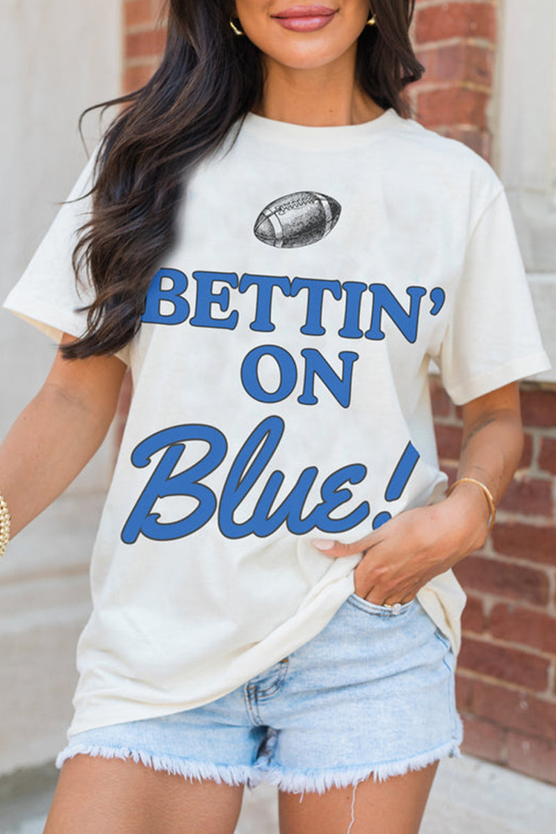 Hazel Blues® |  White Football BETTIN ON Blue Graphic Crewneck T Shirt