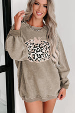 Hazel Blues® |  Khaki Leopard Halloween Pumpkin Graphic Corded Sweatshirt