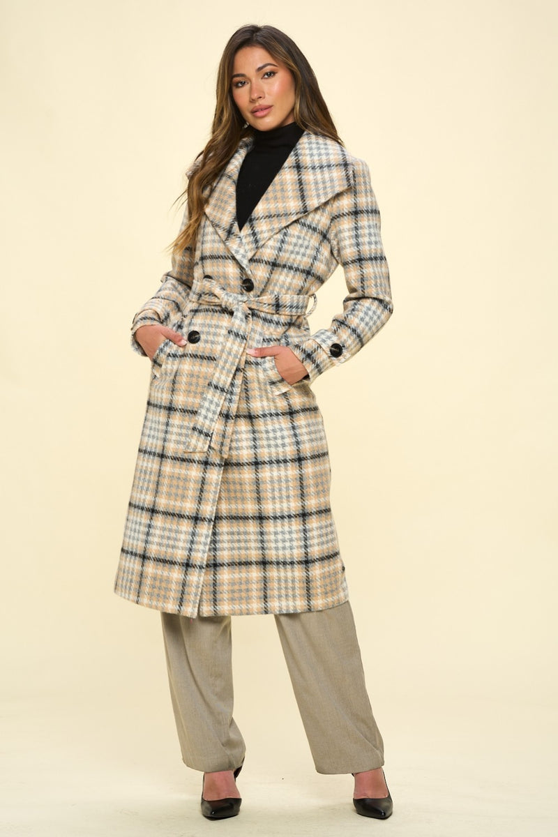 Hazel Blues® |  Coalition LA Double-Breasted Plaid Coat with Belt