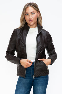 Hazel Blues® |  YMI Faux Layered Double-Zipper Jacket with Fuzzy Hood