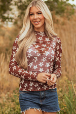 Hazel Blues® |  Red Mesh Star Print Mock Neck Sheath Long Sleeve Top