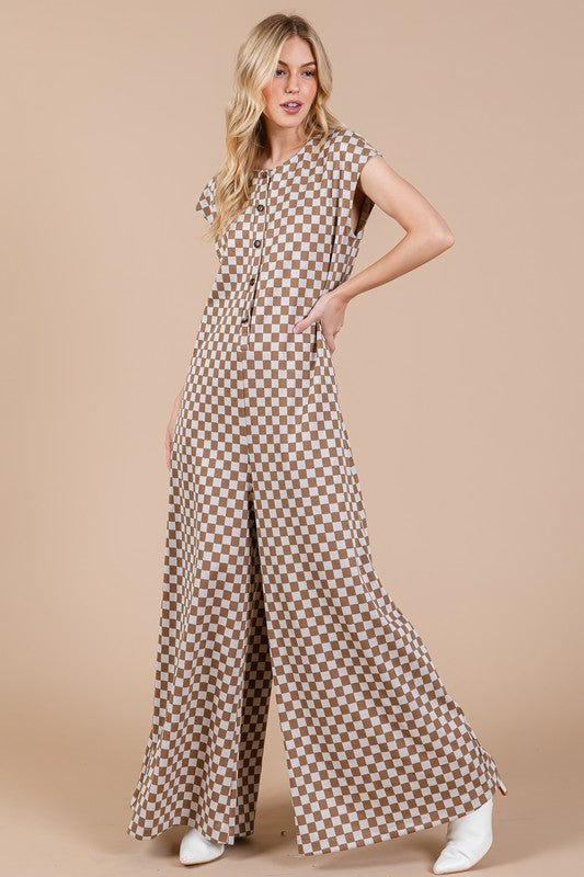 Hazel Blues® |  Ces Femme Checkered Half Button Cap Sleeve Jumpsuit