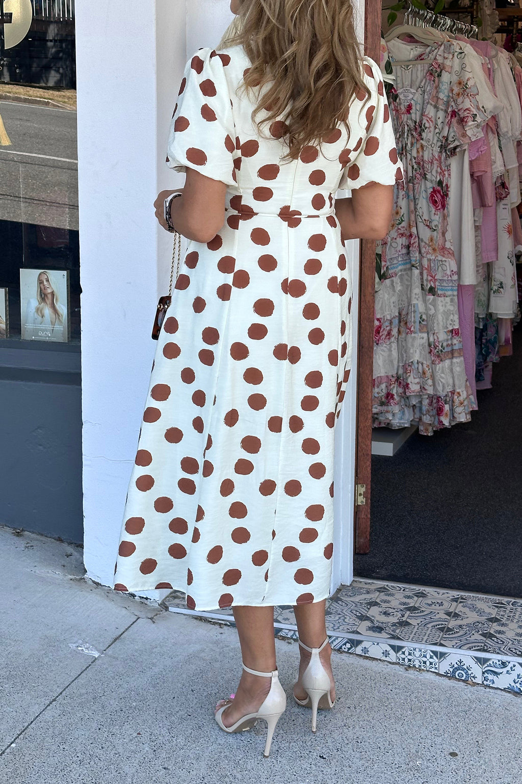 White Polka-Dot Printed V-Neck Short-Sleeve Tie Waist Midi Dress