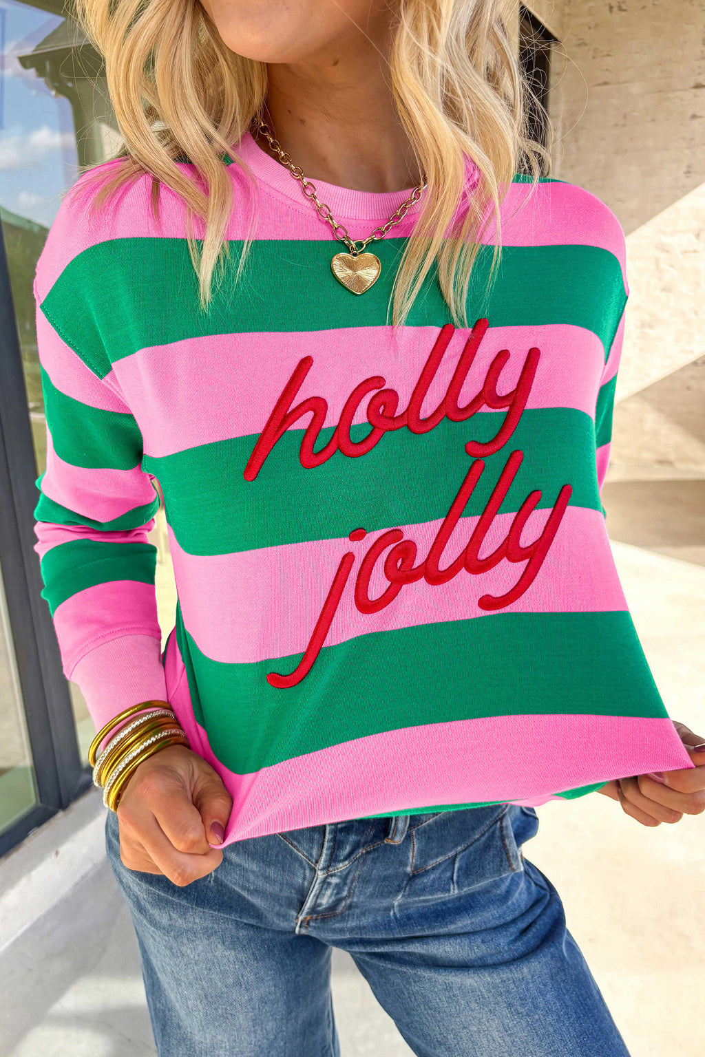 Merry & Bright Striped Embroidered Sweatshirt