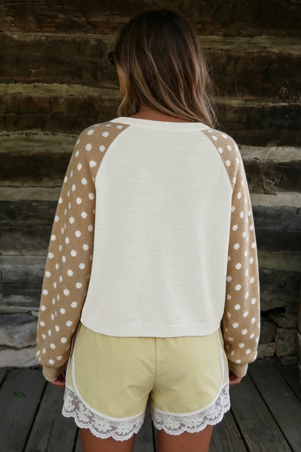 Khaki Polka Dot Contrast Long Sleeve Button V Neck Sweater