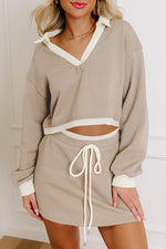 Hazel Blues® |  Parchment Raw Edge Detail Colorblock Patchwork Cropped Pullover Drawstring Skirt Set