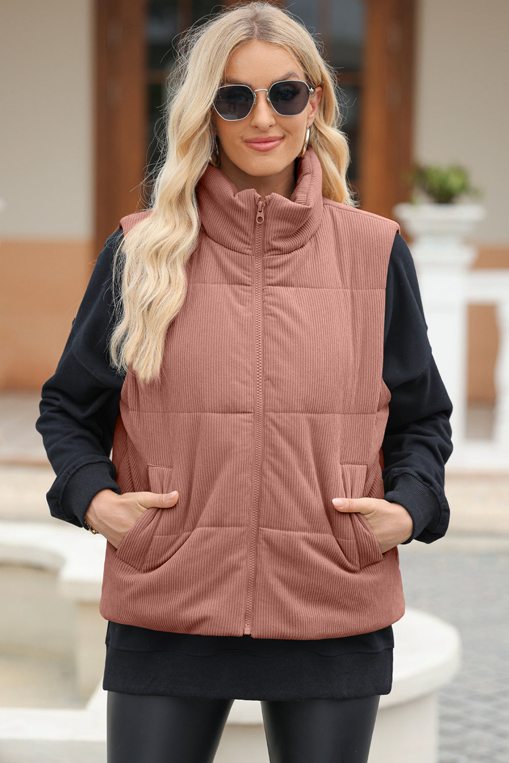 Hazel Blues® |  Pocketed Zip Up Turtleneck Vest Coat