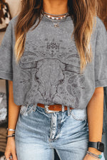 Hazel Blues® |  Light Grey Western Steer Head Tie Dye Print Crew Neck T Shirt