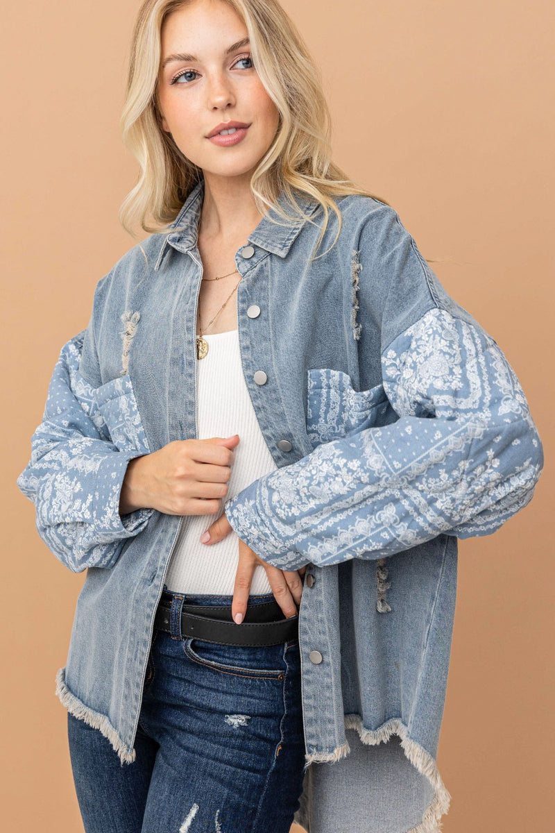 Hazel Blues® |  And The Why Paisley Print Quilted Sleeves Denim Jacket