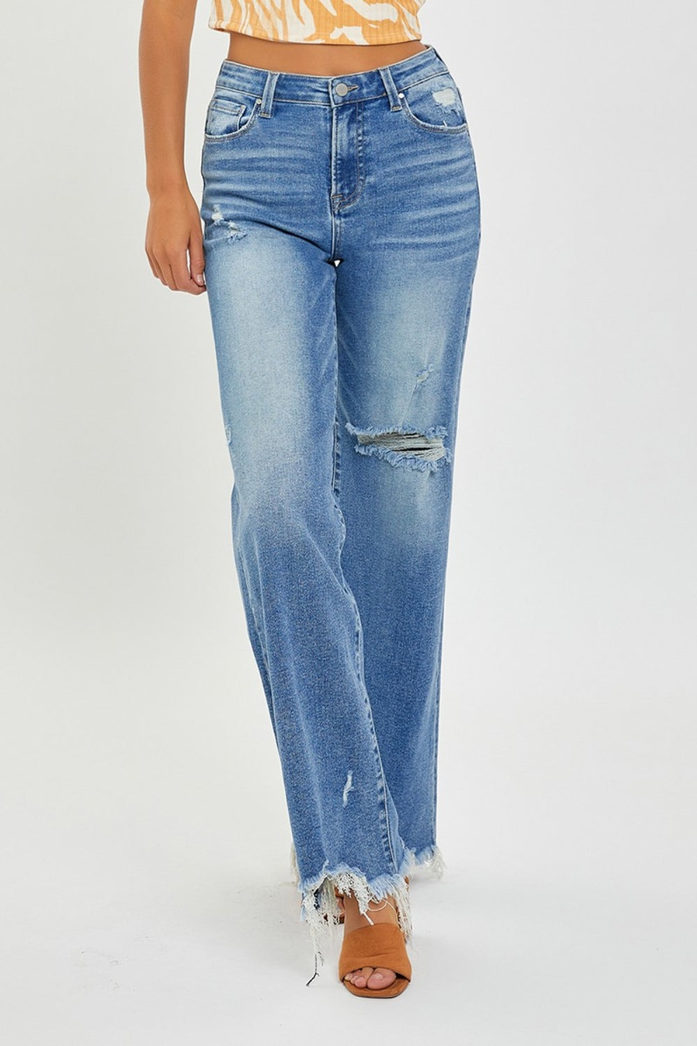 Hazel Blues® |  RISEN High Rise Frayed Hem Wide Leg Jeans