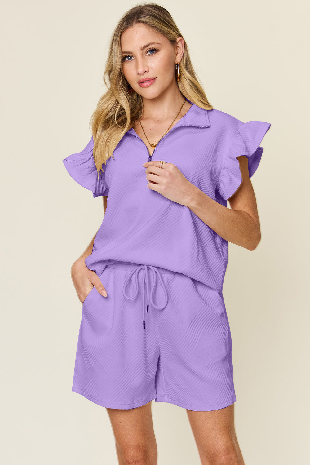 Hazel Blues® |  Double Take Texture Flounce Sleeve Top and Drawstring Shorts Set