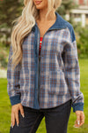 Hazel Blues® |  Gray Plaid Corduroy Patchwork Collared Zip Up Snap Button Jacket