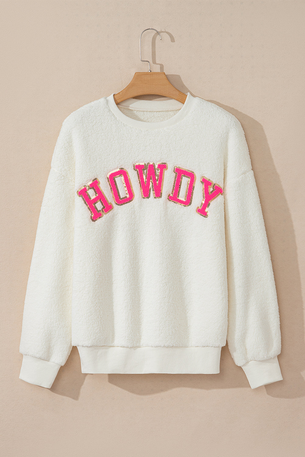 Hazel Blues® |  HOWDY Patched Round Neck Sherpa Sweatshirt