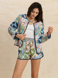 Hazel Blues® |  Printed Button Up Long Sleeve Outerwear and Shorts Set