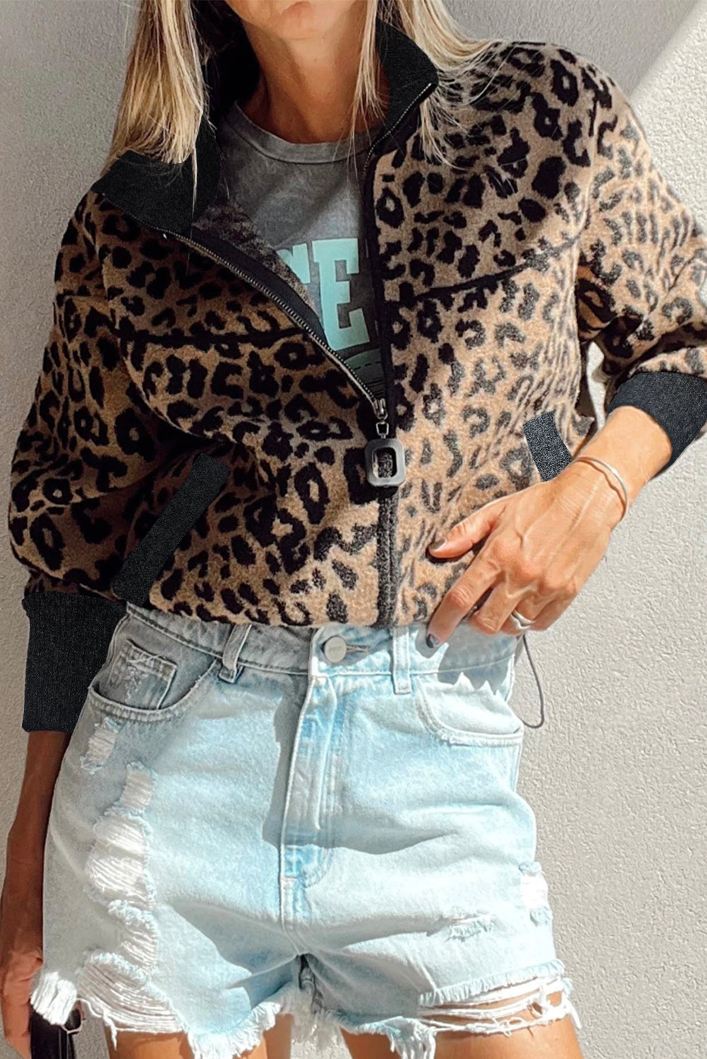 Hazel Blues® |  Khaki Leopard Print Zip Up Stand Neck Side Pocket Jacket