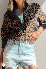Hazel Blues® |  Khaki Leopard Print Zip Up Stand Neck Side Pocket Jacket