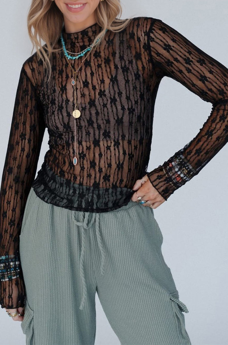 Hazel Blues® |  Ashleigh Blue Sheer Floral Lace Long Sleeve Slim Fit Top