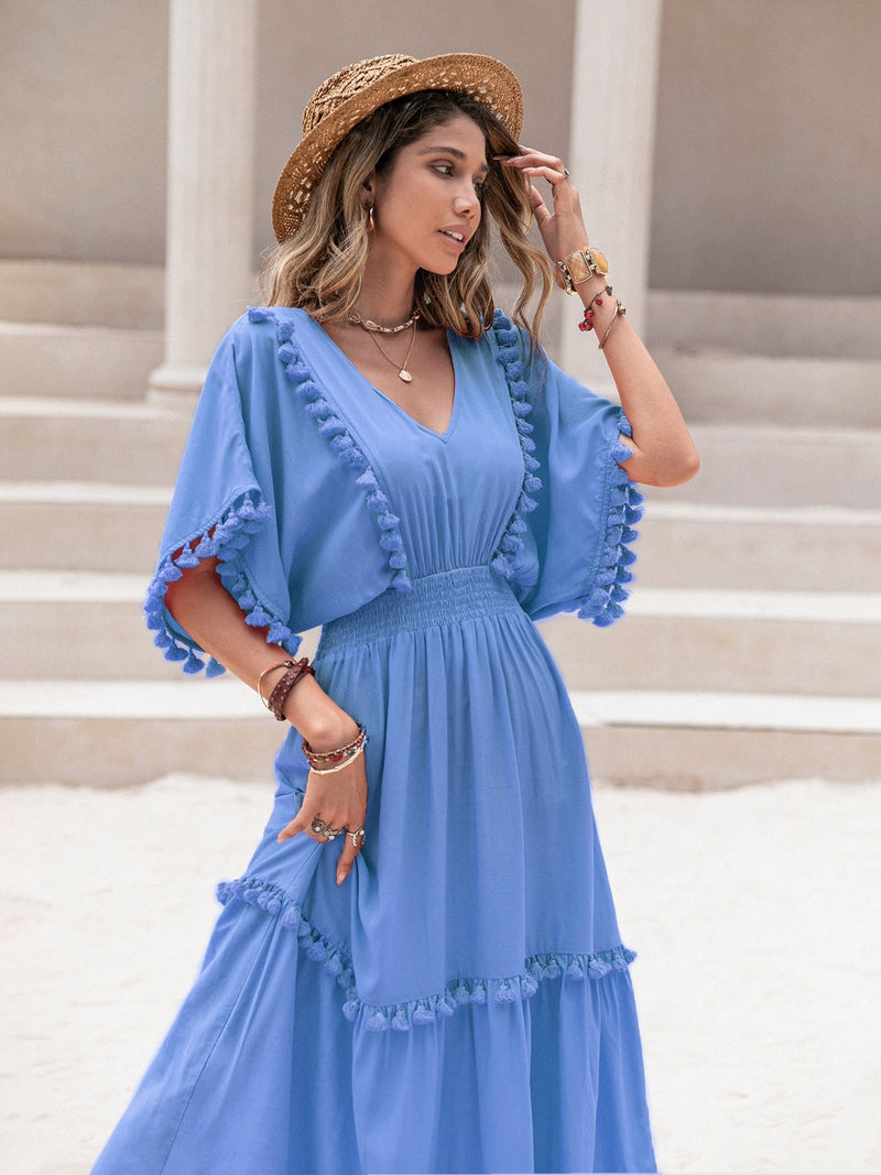 Hazel Blues® |  Tassel Trim Smocked V-Neck Short Sleeve Dress