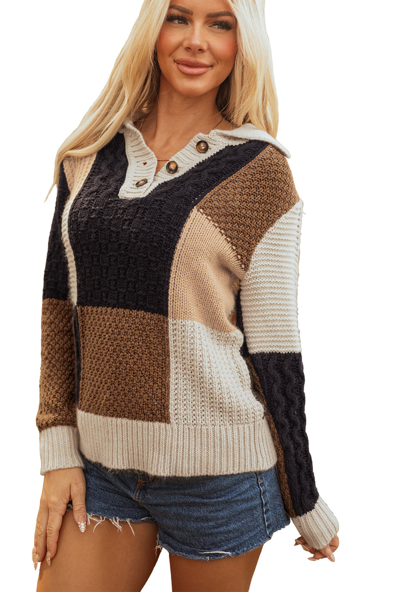 Hazel Blues® |  Multicolour Color Block Cable Knit Sleeve Buttons Collared Sweater