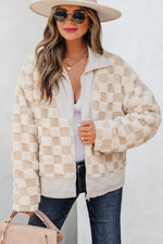 Hazel Blues® |  Khaki Checker Sherpa Corduroy Patchwork Zip up Collared Jacket