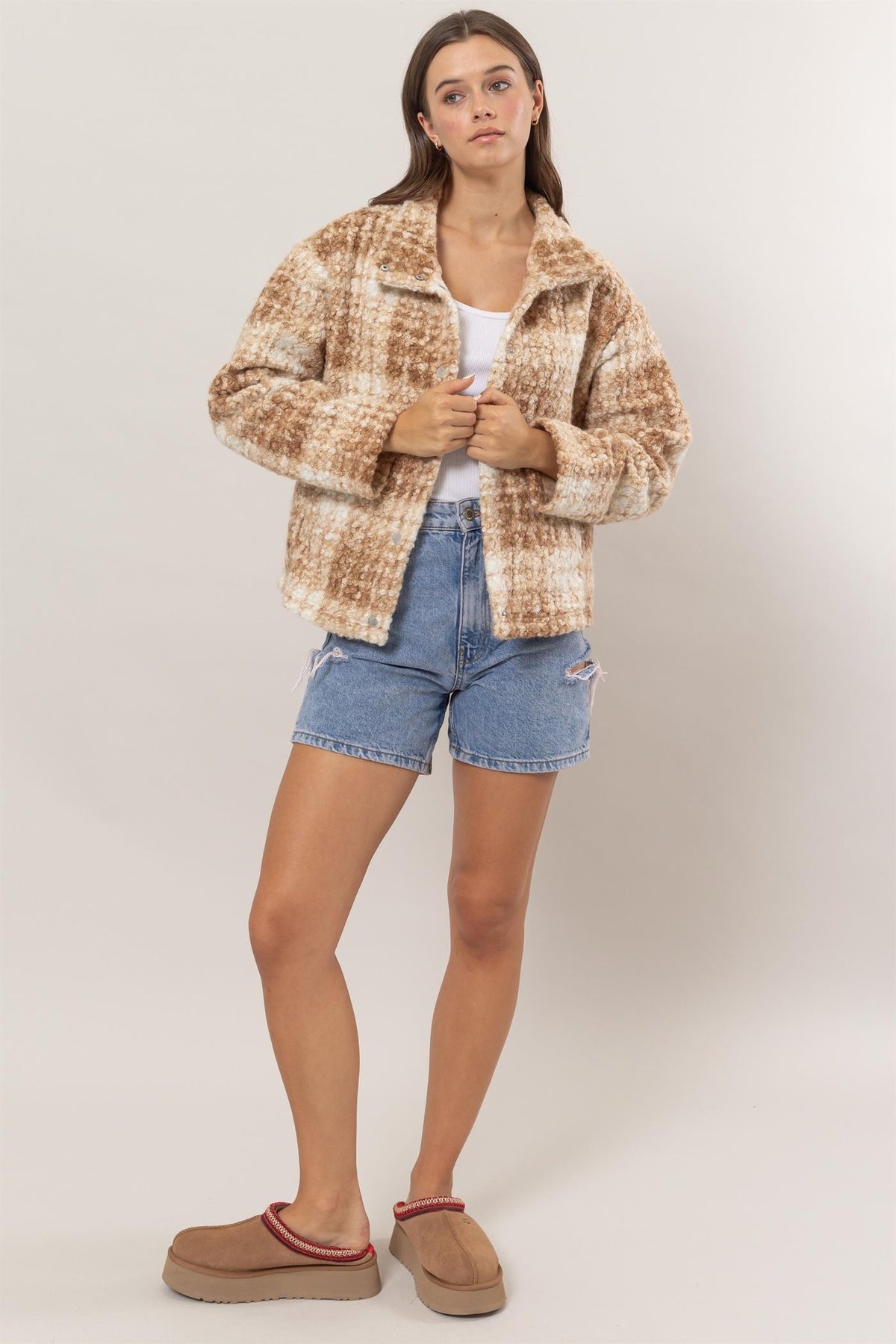 Hazel Blues® |  HYFVE Plaid Collared Neck Boucle Jacket with Pockets