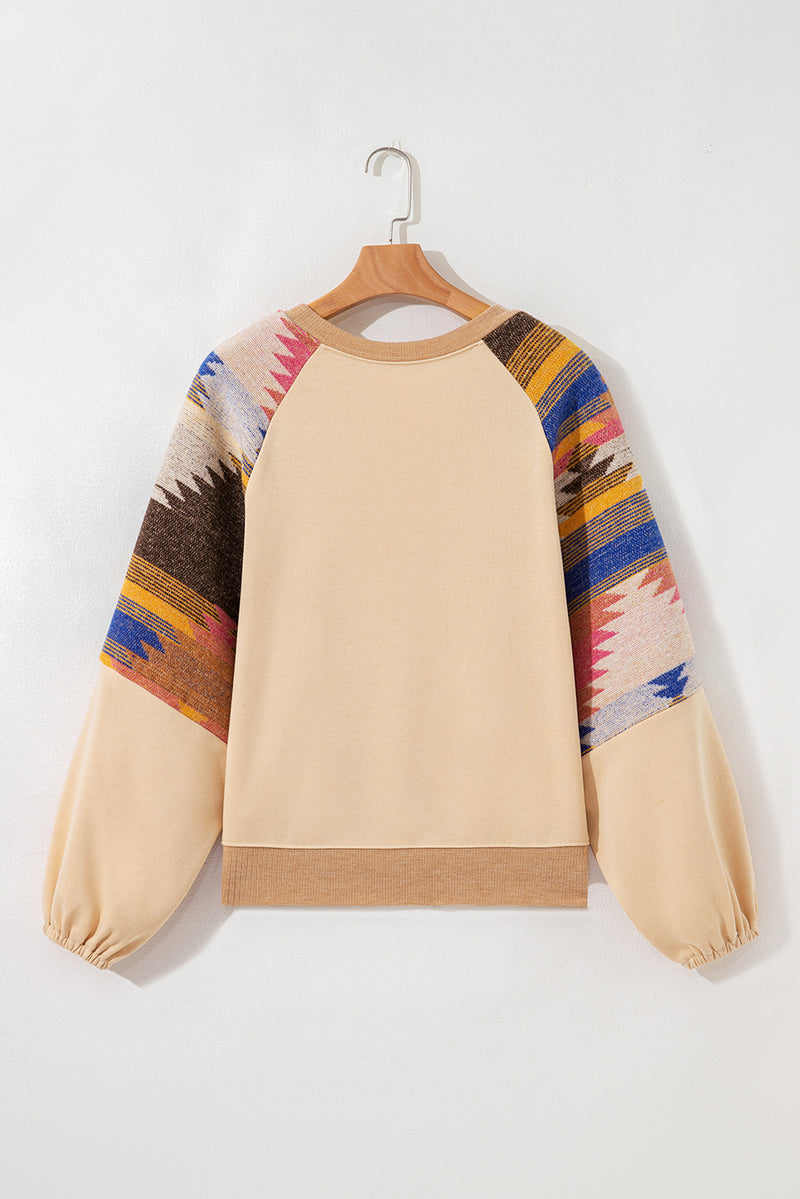 Hazel Blues® |  Light French Beige Aztec Patchwork Raglan Pullover Sweatshirt