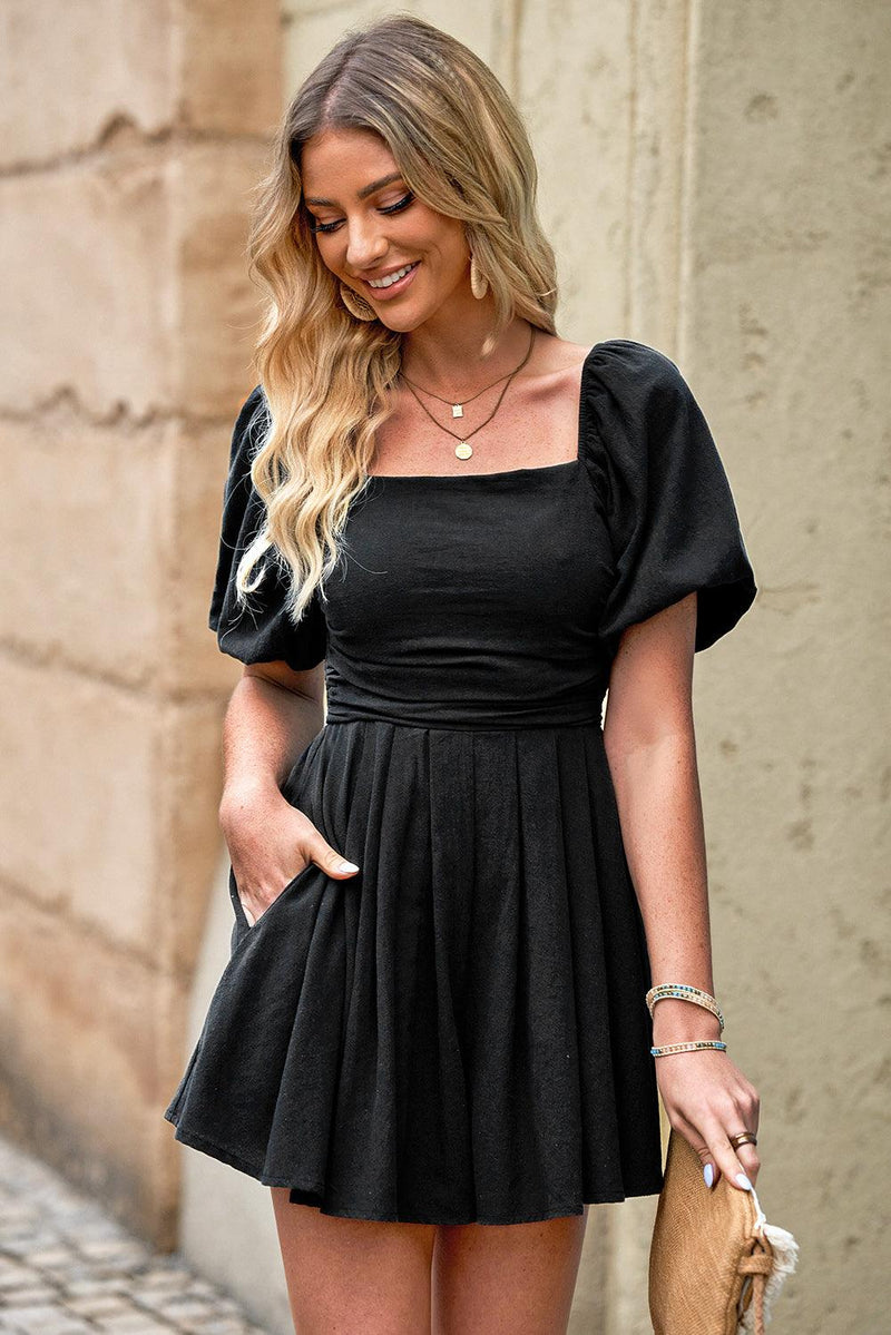 square neck pleated dress ctdiral Womens A Line Mini Dress Square Neck Pleated Dress Solid Color Ruffle Sleeve Flowy Short Dress Summer Cocktail Party Dress Beige M
