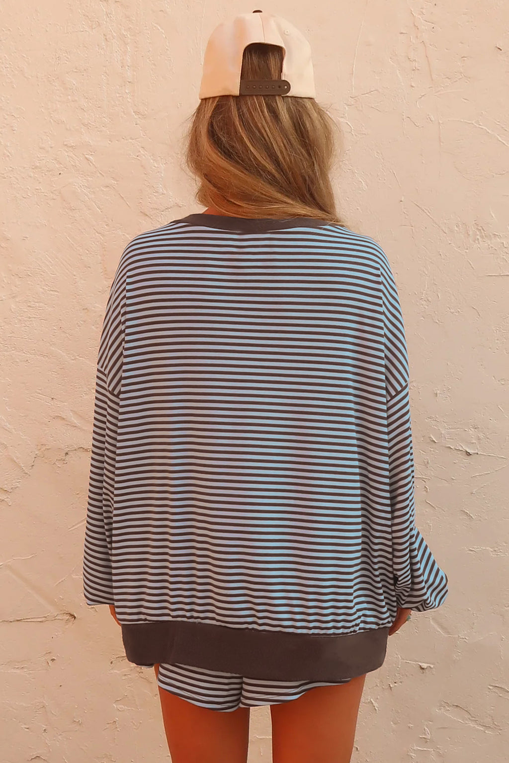 Brown Stripe Oversized Long-Sleeve Top Drawstring Loose Shorts 2pcs Set