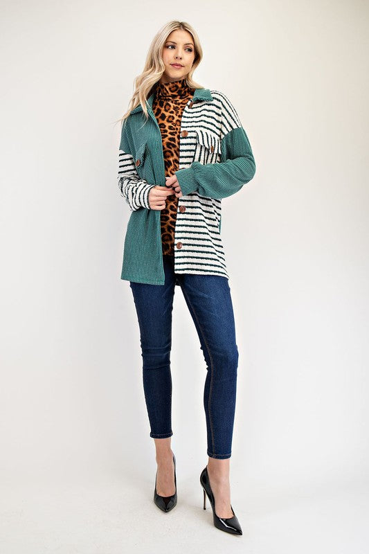 Hazel Blues® |  Celeste Striped Button Up Dropped Shoulder Shacket