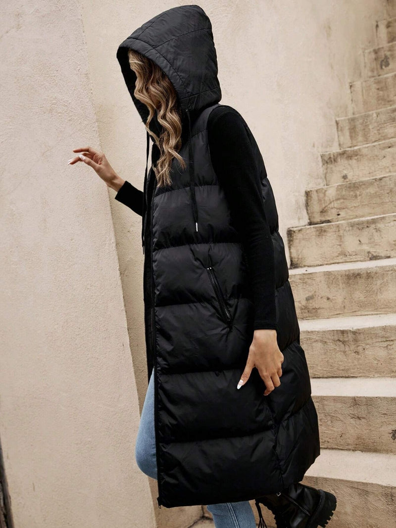 Hazel Blues® |  Drawstring Zip Up Hooded Longline Vest Coat