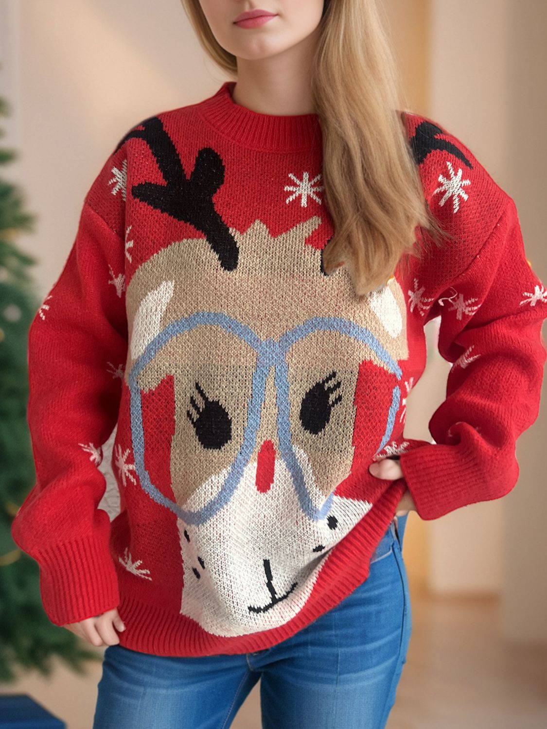 Hazel Blues® |  Reindeer Round Neck Dropped Shoulder Sweater