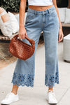 Hazel Blues® |  Dusk Blue Embroidered Cropped Wide Leg High Waist Jeans