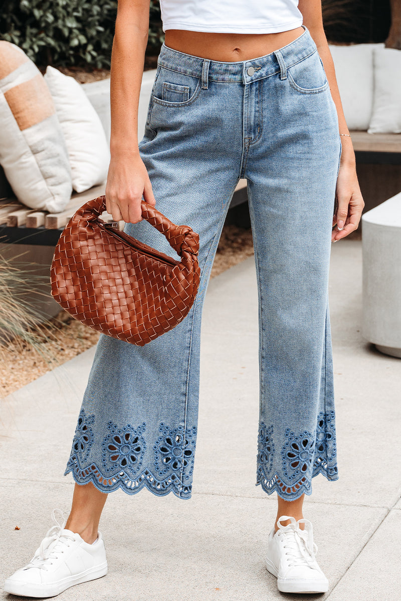 Hazel Blues® |  Dusk Blue Embroidered Cropped Wide Leg High Waist Jeans