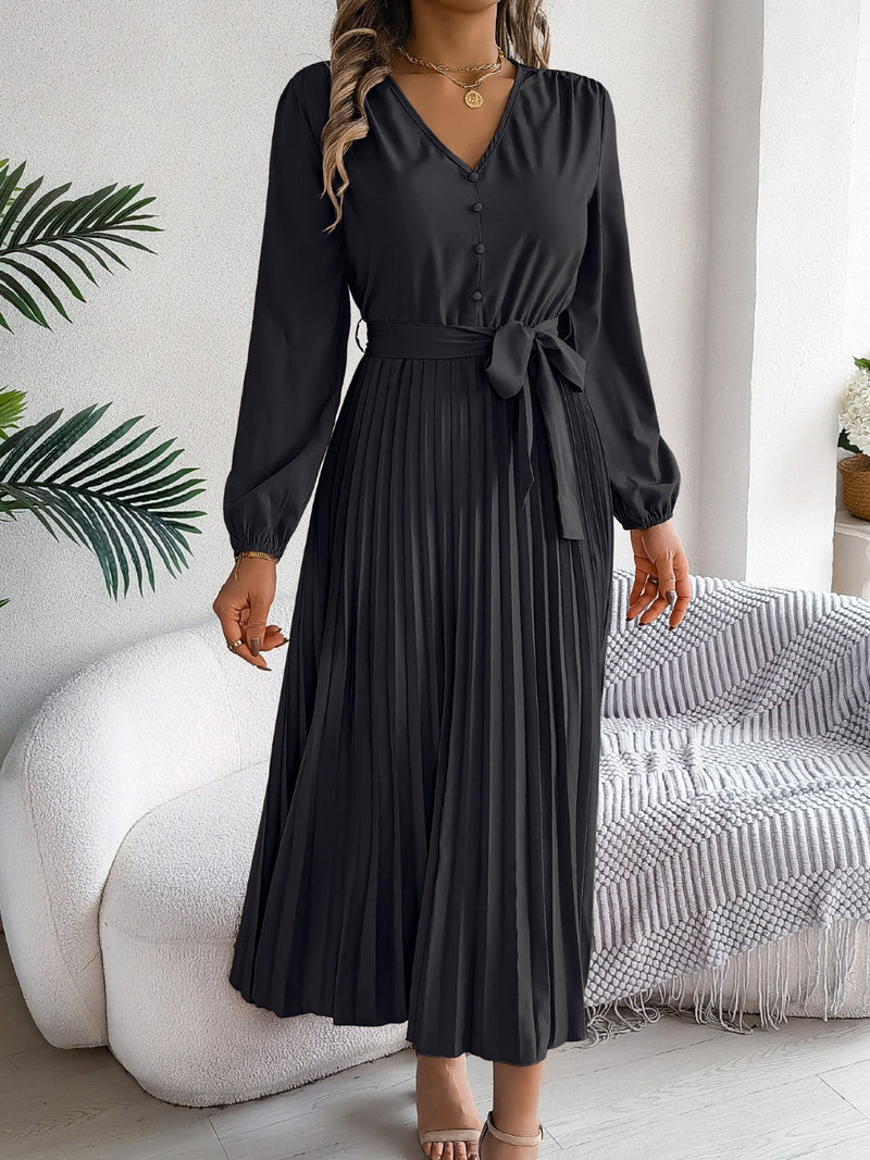 Hazel Blues® |  Pleated Tied V-Neck Long Sleeve Dress