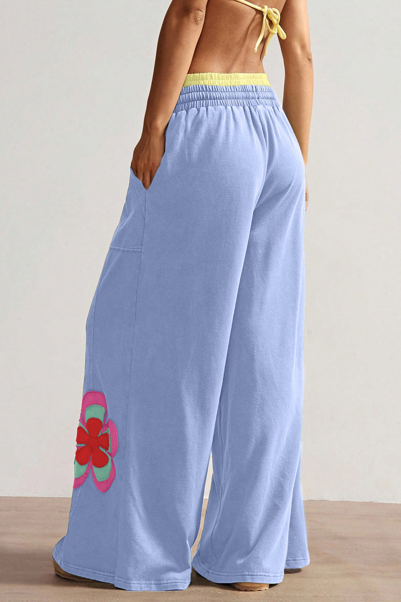 Sky Blue Color Block Flower Patchwork Drawstring Contrasted