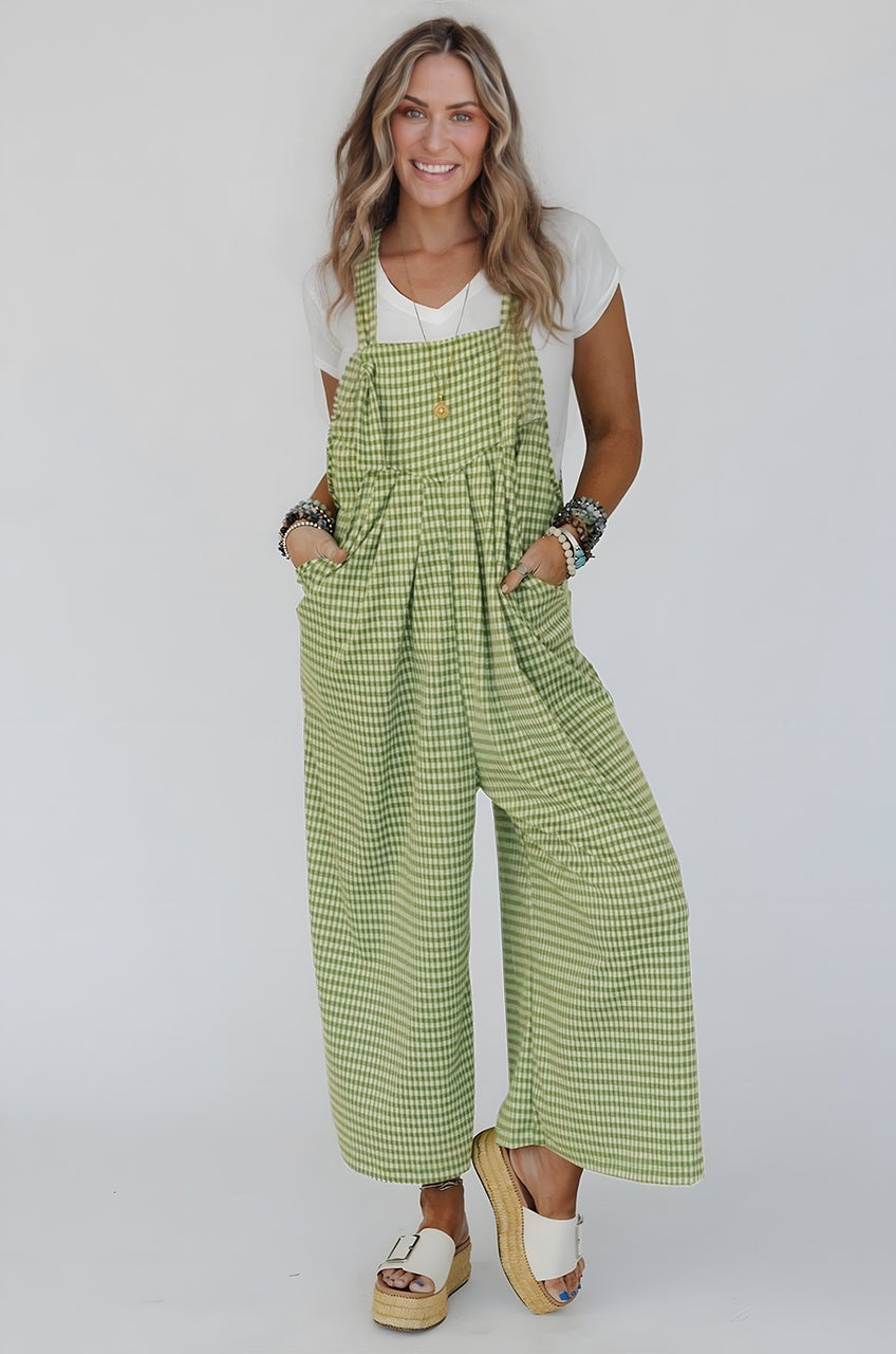 Hazel Blues® |  Green Gingham Wide Leg Loose Overall with Pockets
