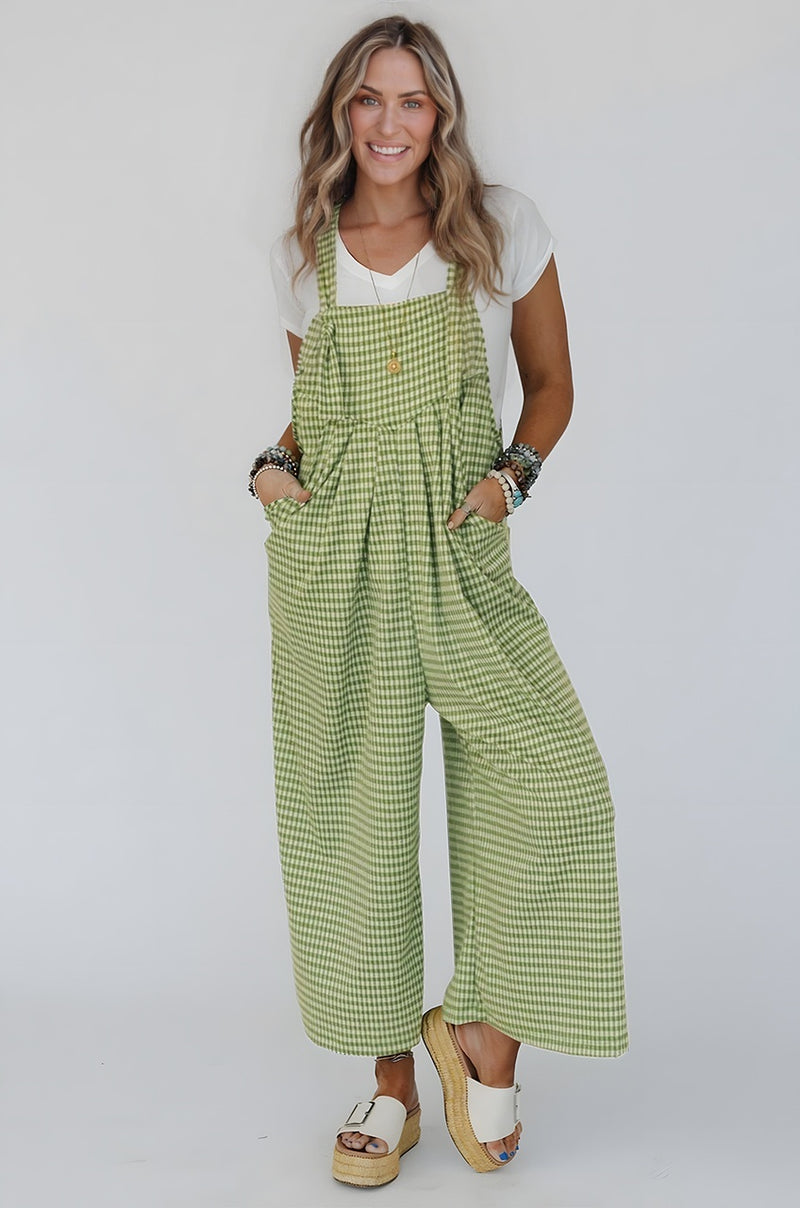 Hazel Blues® |  Green Gingham Wide Leg Loose Overall with Pockets