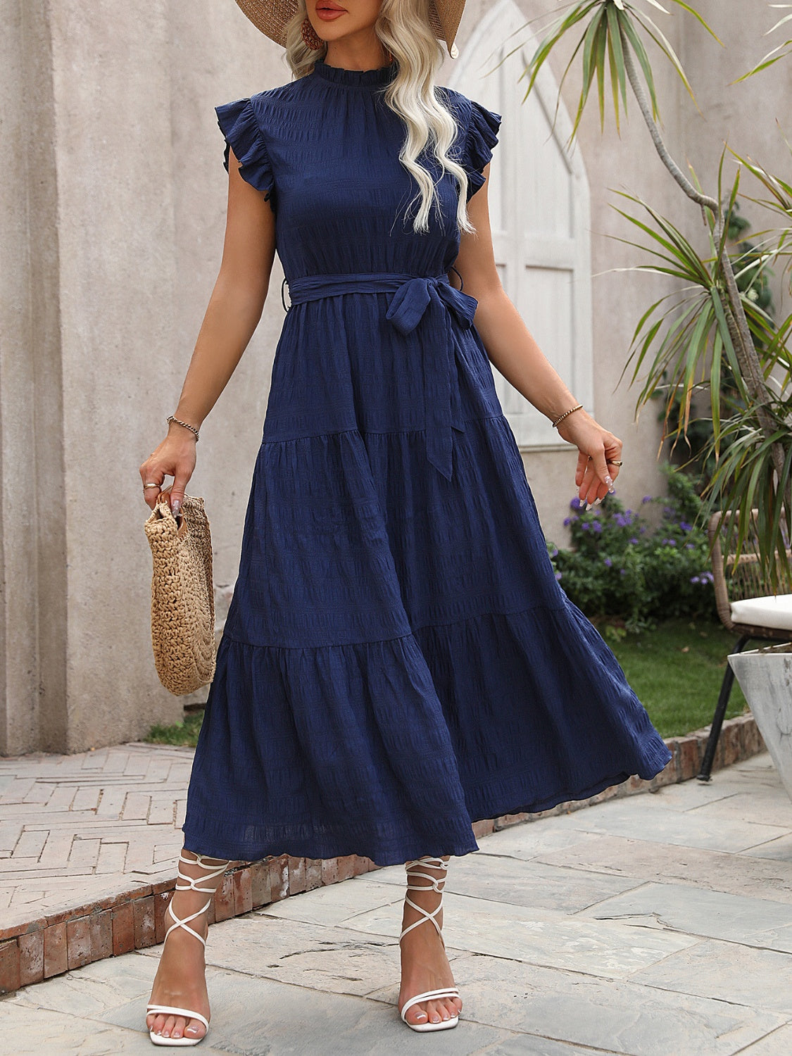 Hazel Blues® |  Tied Ruffled Cap Sleeve Midi Dress