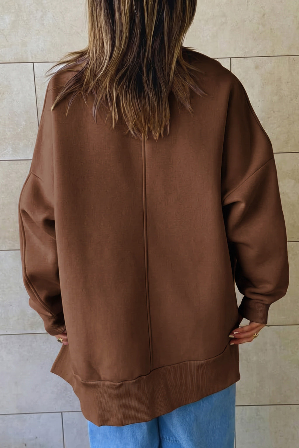 Brown Mock-Neck Split-Hem Tunic Sweatshirt