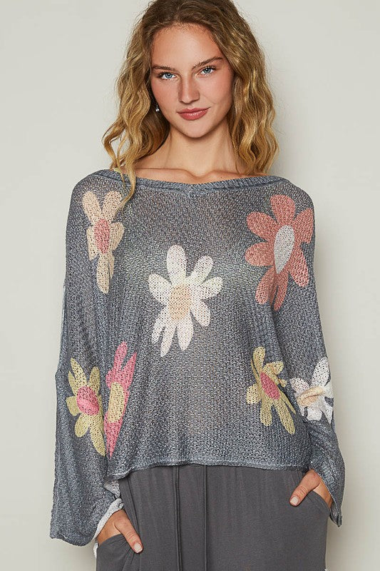 Hazel Blues® |  POL Flower Dropped Shoulder Long Sleeve Knit Top