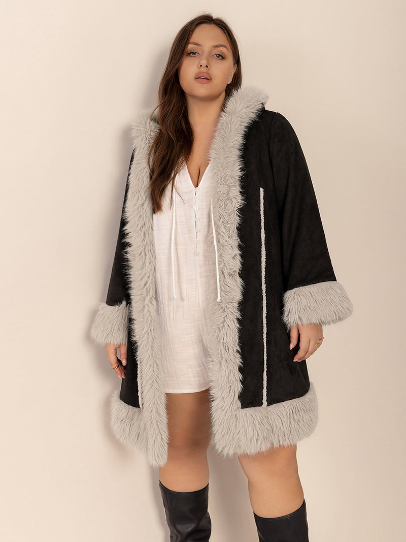 Hazel Blues® | Fuzzy Trim Open Front Long Sleeve Hooded Coat