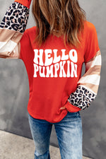 Hazel Blues® |  Red Hello Pumpkin Graphic Leopard Striped Colorblock Sleeve V Neck Top