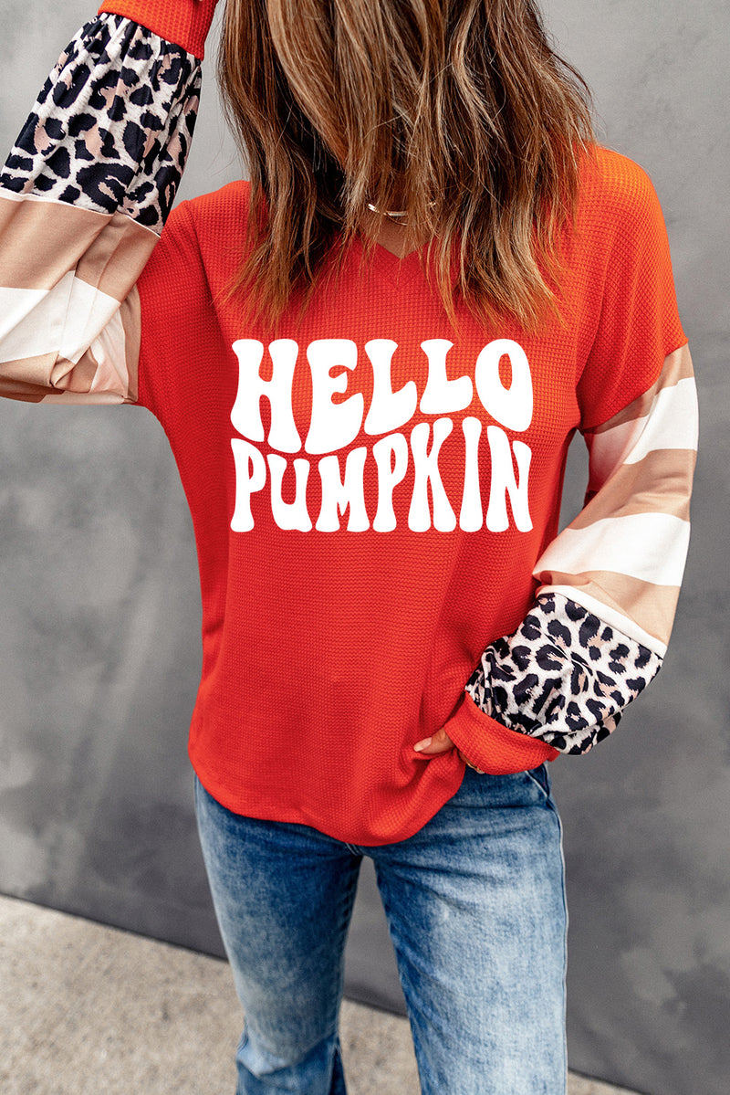 Hazel Blues® |  Red Hello Pumpkin Graphic Leopard Striped Colorblock Sleeve V Neck Top