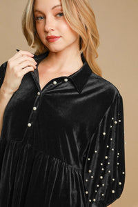 Hazel Blues® |  Umgee Pearl Detail Half Sleeve Velvet Babydoll Blouse