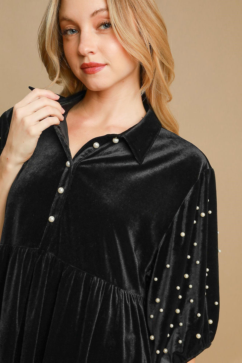 Hazel Blues® |  Umgee Pearl Detail Half Sleeve Velvet Babydoll Blouse