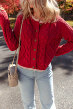 Hazel Blues® |  Racing Red Color Contrast Edge Cable Knit Buttoned Cardigan