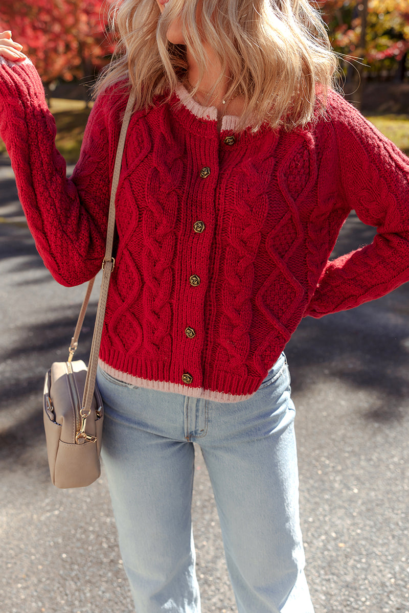Hazel Blues® |  Racing Red Color Contrast Edge Cable Knit Buttoned Cardigan