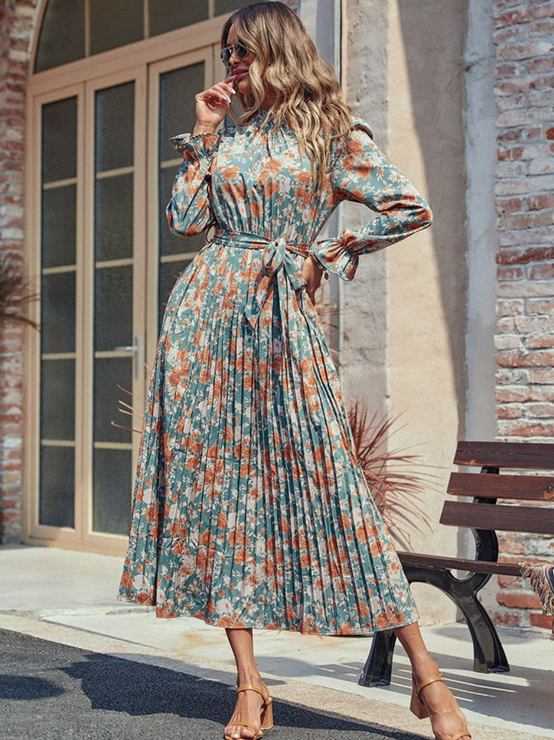 Hazel Blues® |  Perfee Tied Pleated Printed Mock Neck Long Sleeve Dress